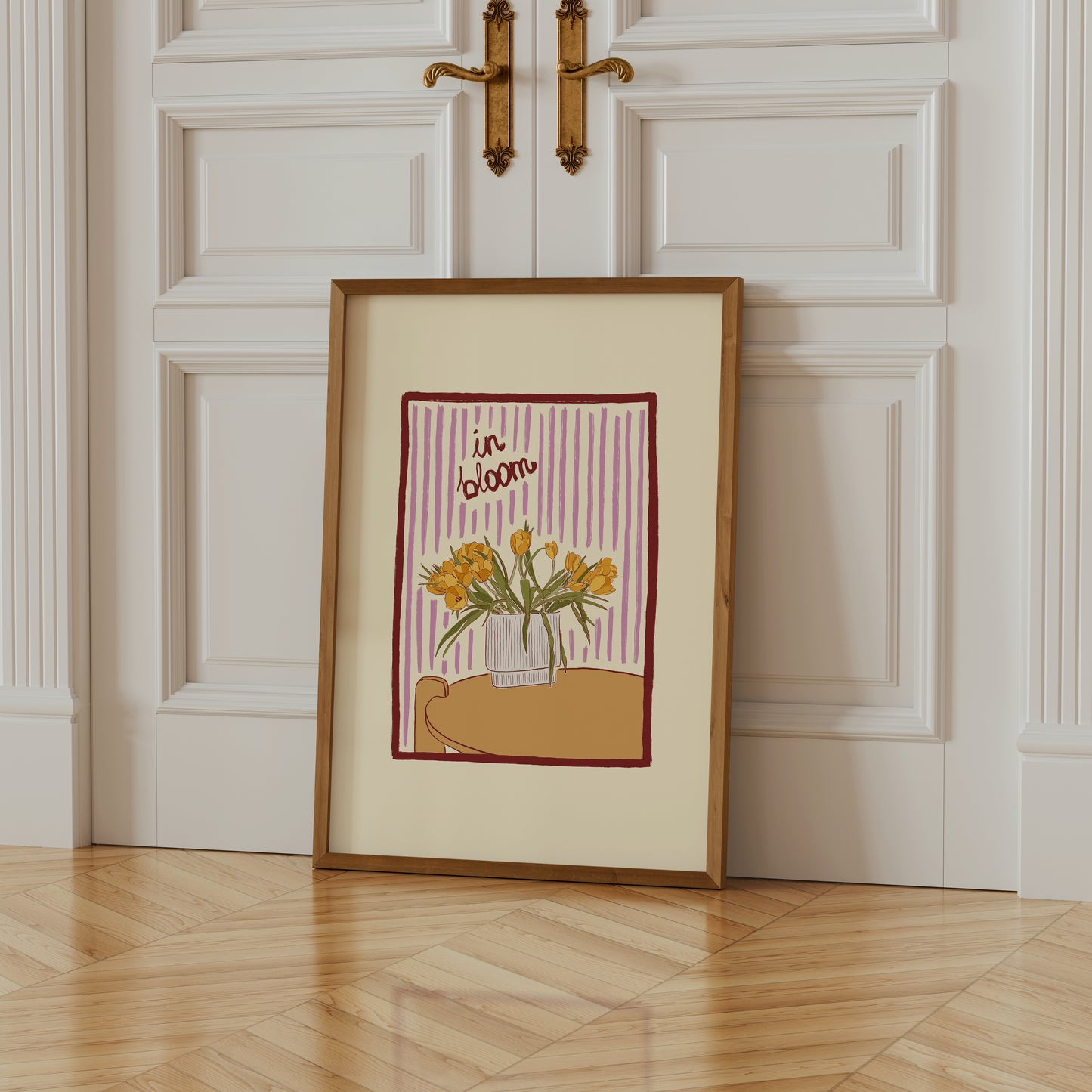 hand-drawn yellow tulips in vase lilac striped background in bloom art print