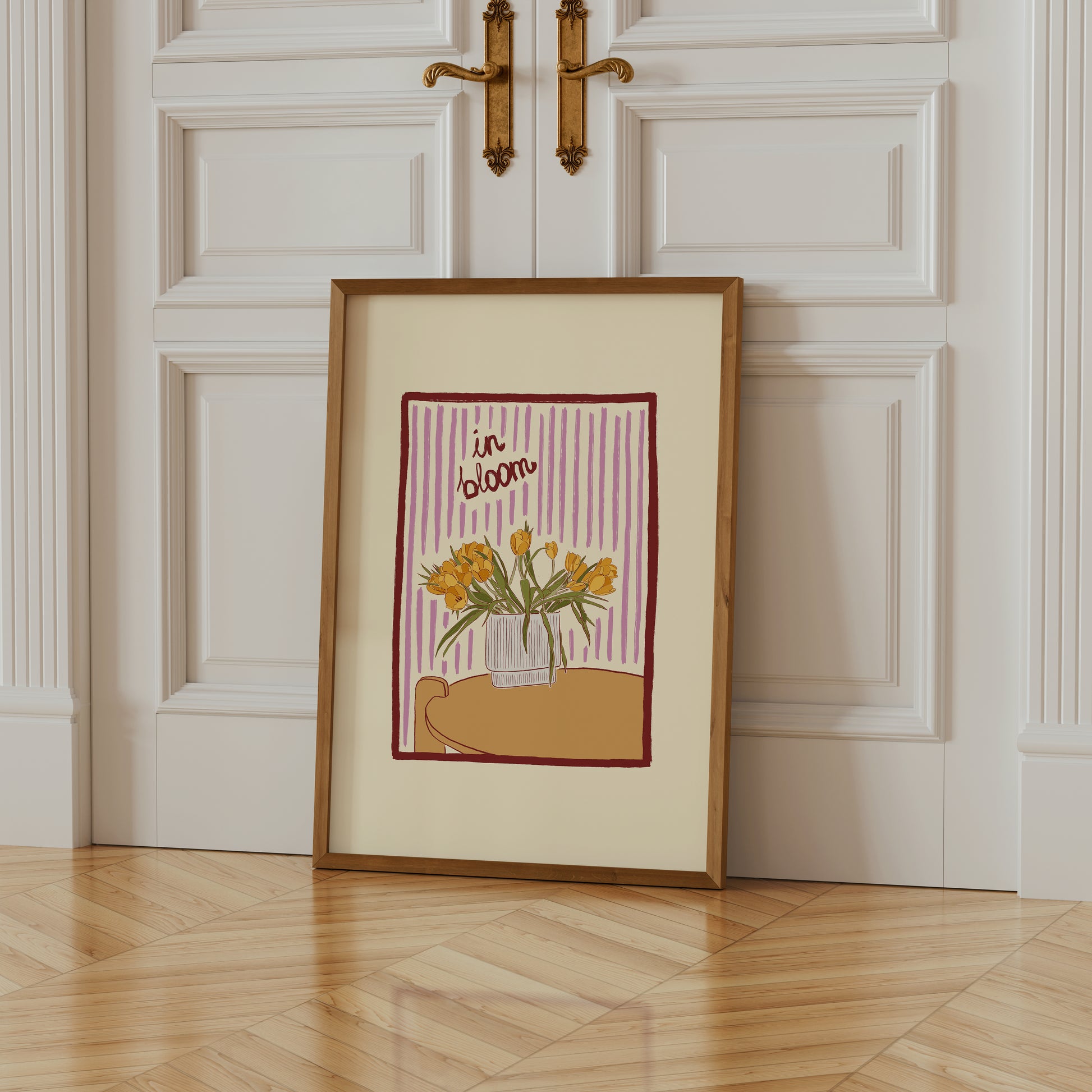 hand-drawn yellow tulips in vase lilac striped background in bloom art print