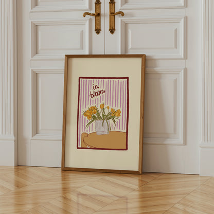 hand-drawn yellow tulips in vase lilac striped background in bloom art print