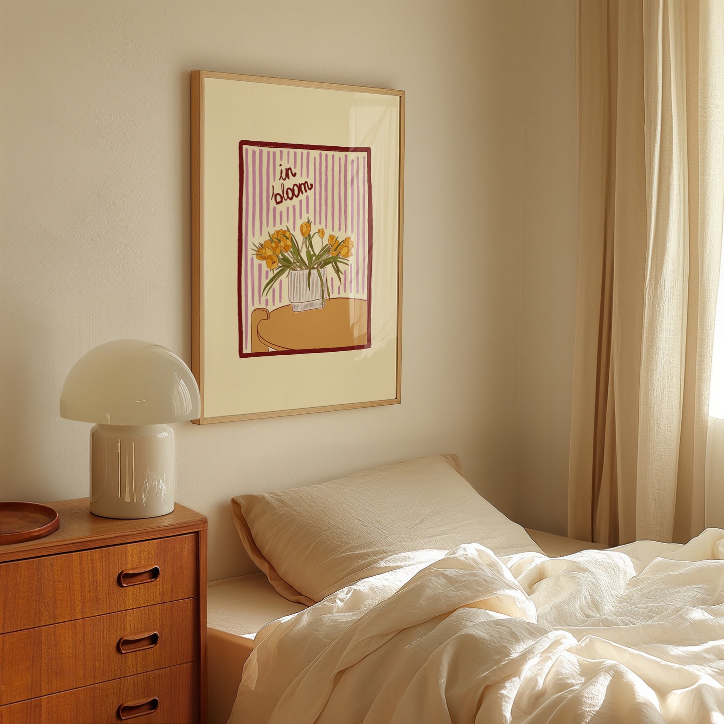 hand-drawn yellow tulips in vase lilac striped background in bloom art print