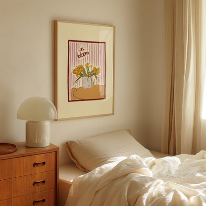 hand-drawn yellow tulips in vase lilac striped background in bloom art print