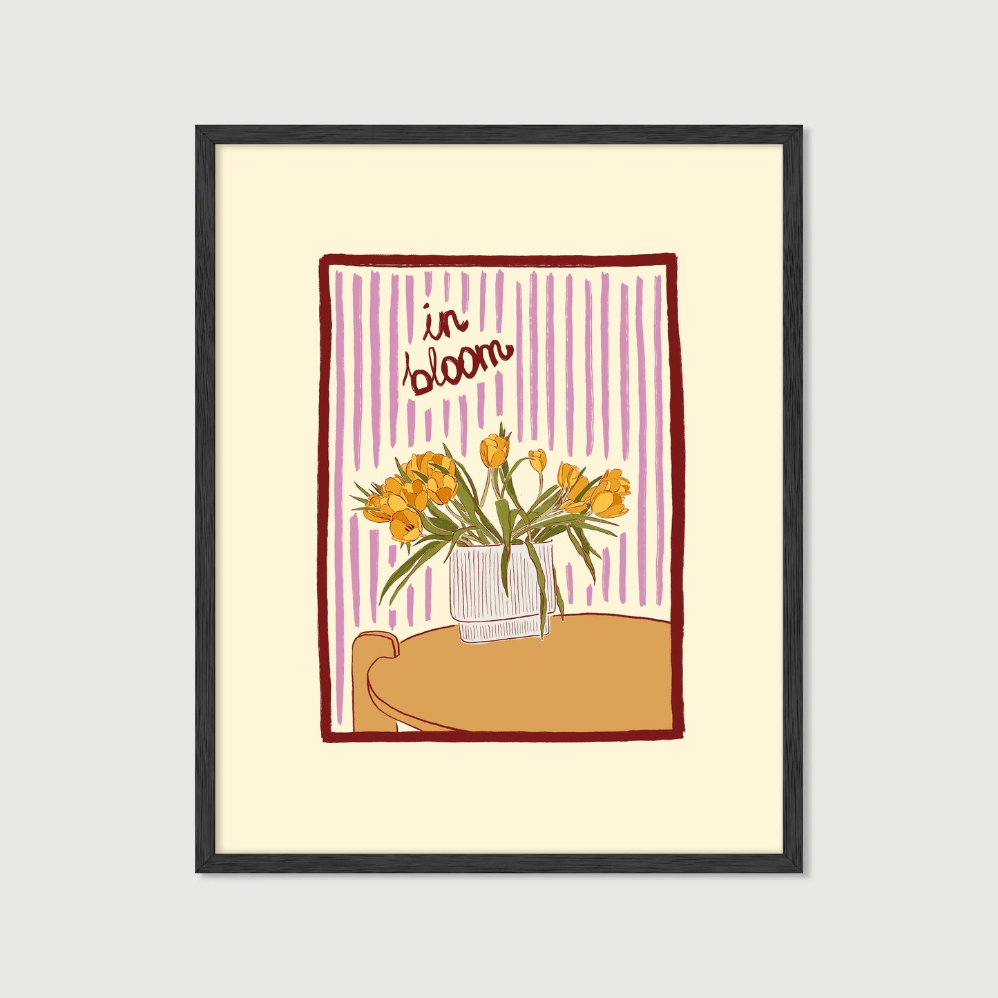 hand-drawn yellow tulips in vase lilac striped background in bloom art print