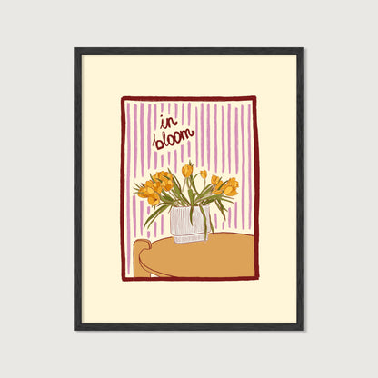 hand-drawn yellow tulips in vase lilac striped background in bloom art print