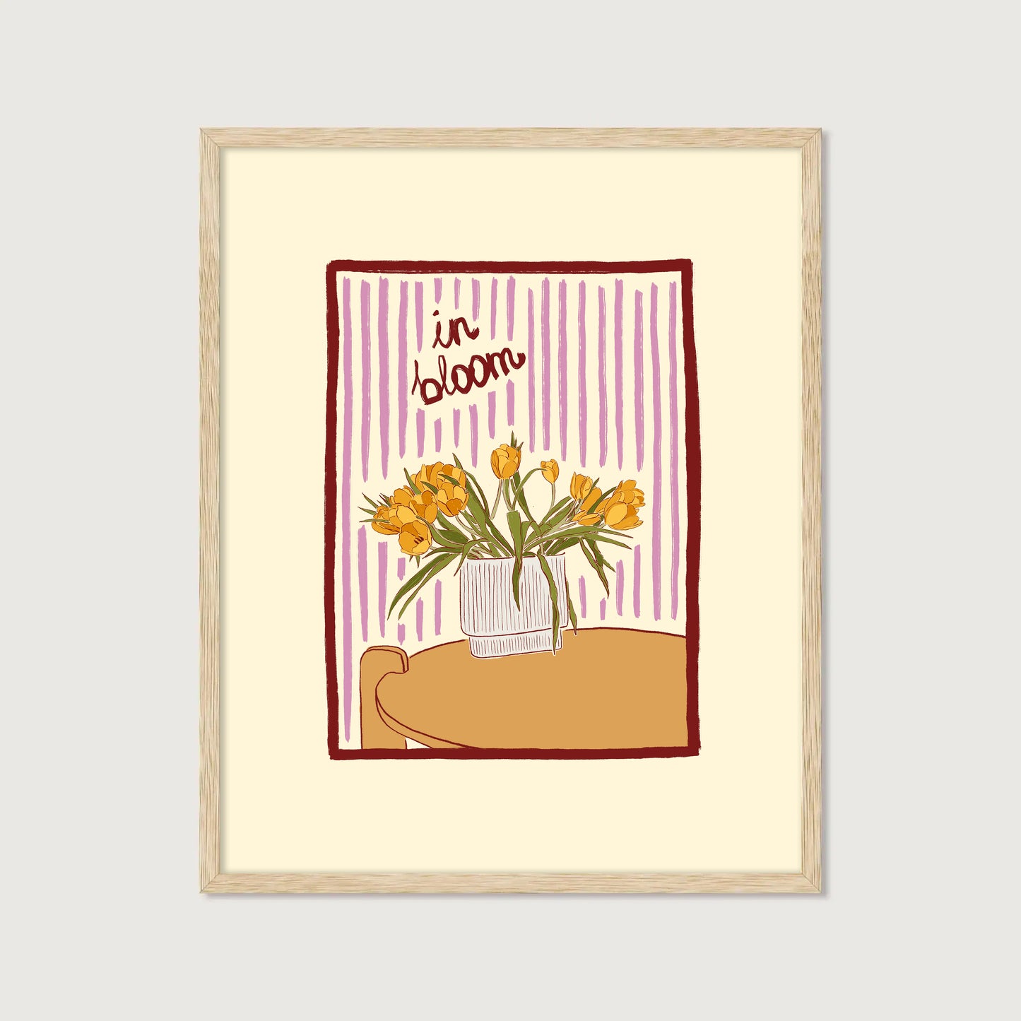 hand-drawn yellow tulips in vase lilac striped background in bloom art print
