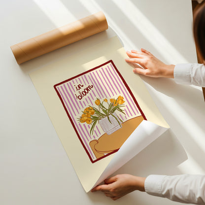 hand-drawn yellow tulips in vase lilac striped background in bloom art print
