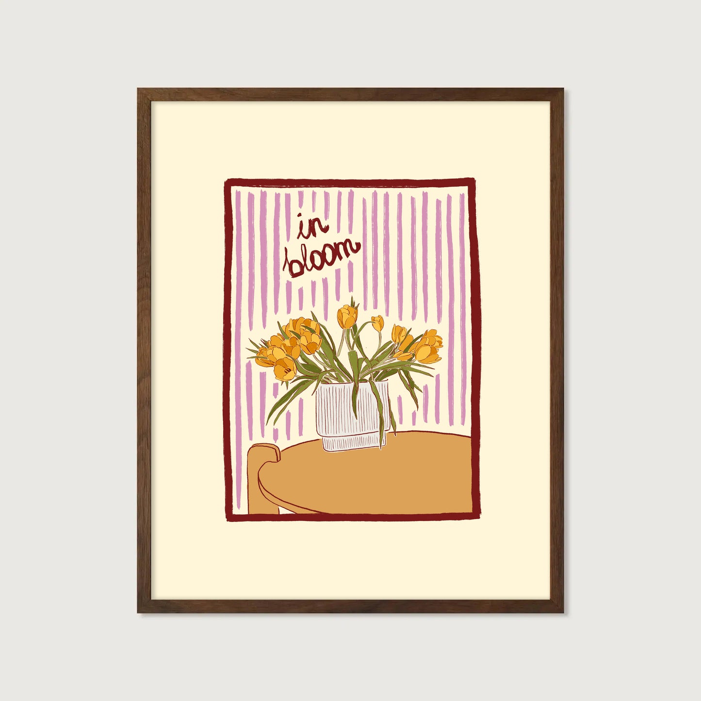 hand-drawn yellow tulips in vase lilac striped background in bloom art print