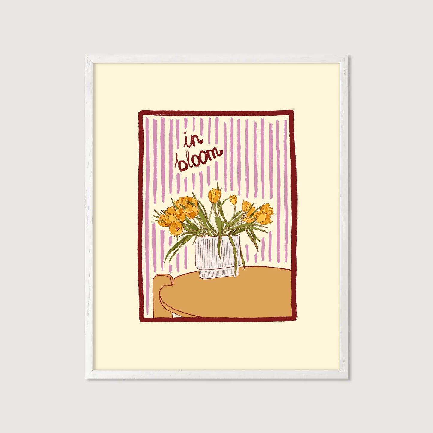 hand-drawn yellow tulips in vase lilac striped background in bloom art print