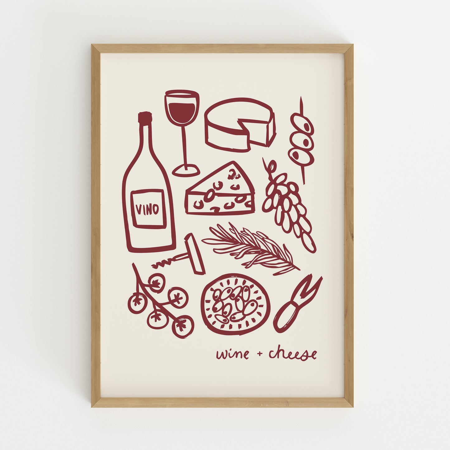 hand-drawn wine bottle glass cheese grapes olives dark red cream background wine and cheese art print