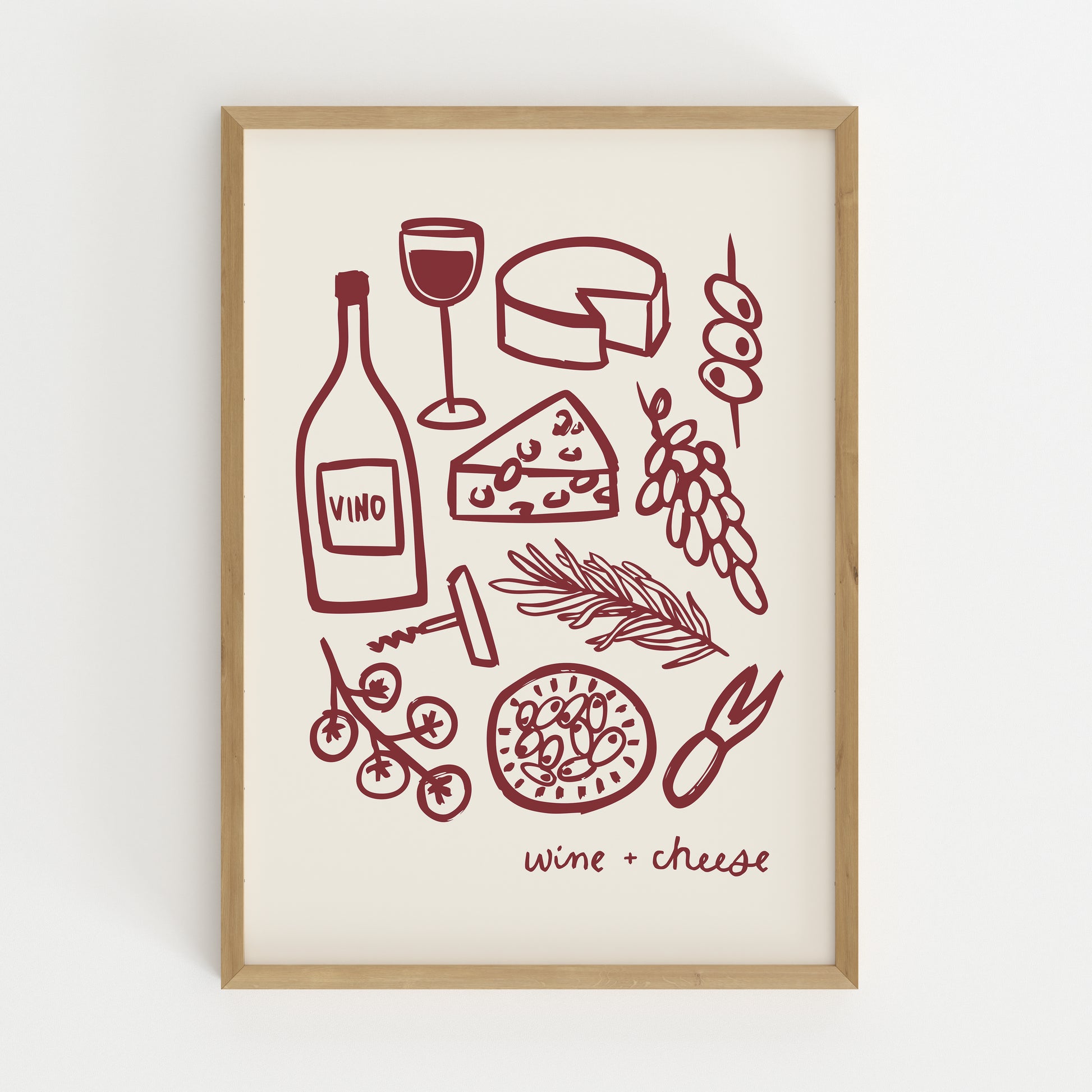 hand-drawn wine bottle glass cheese grapes olives dark red cream background wine and cheese art print