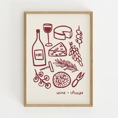 hand-drawn wine bottle glass cheese grapes olives dark red cream background wine and cheese art print