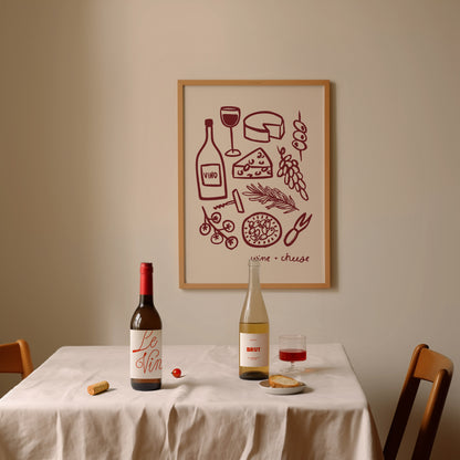 hand-drawn wine bottle glass cheese grapes olives dark red cream background wine and cheese art print