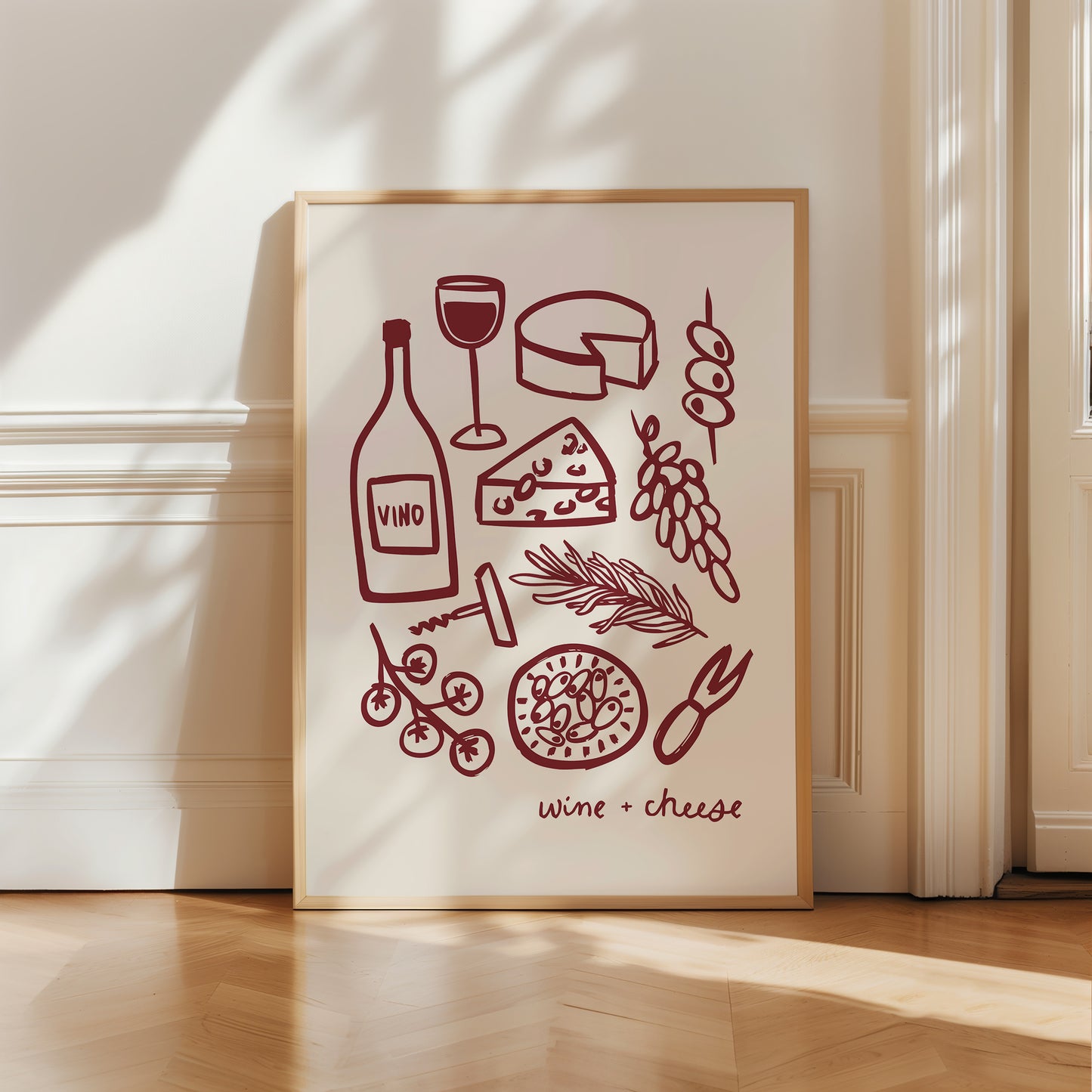 hand-drawn wine bottle glass cheese grapes olives dark red cream background wine and cheese art print