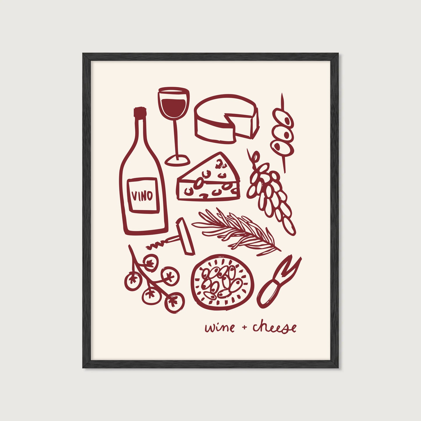 hand-drawn wine bottle glass cheese grapes olives dark red cream background wine and cheese art print