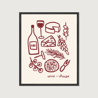 hand-drawn wine bottle glass cheese grapes olives dark red cream background wine and cheese art print