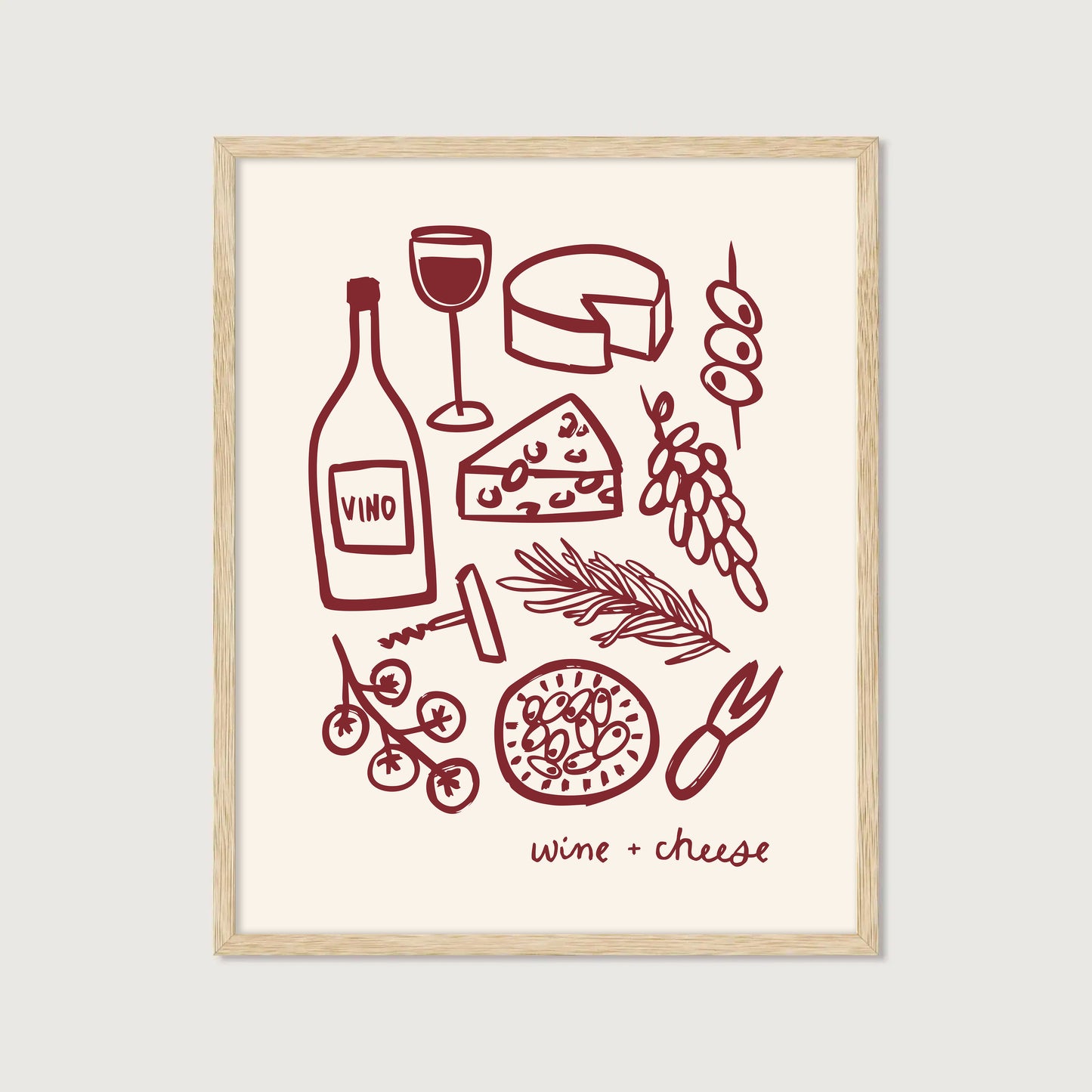 hand-drawn wine bottle glass cheese grapes olives dark red cream background wine and cheese art print