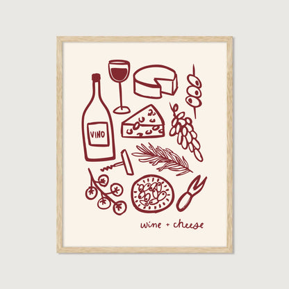 hand-drawn wine bottle glass cheese grapes olives dark red cream background wine and cheese art print