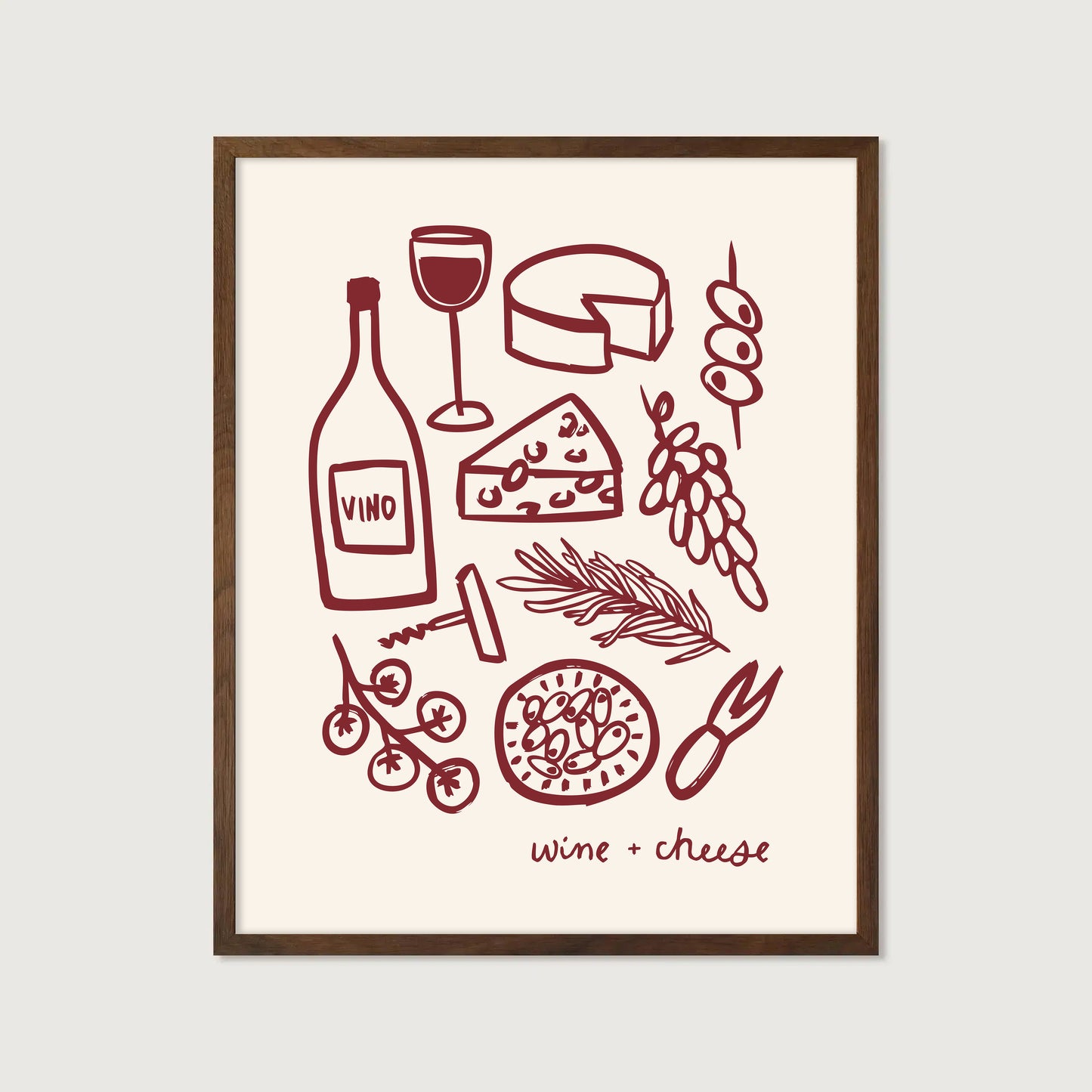 hand-drawn wine bottle glass cheese grapes olives dark red cream background wine and cheese art print