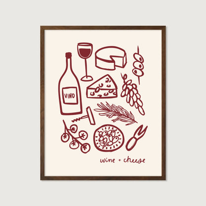 hand-drawn wine bottle glass cheese grapes olives dark red cream background wine and cheese art print