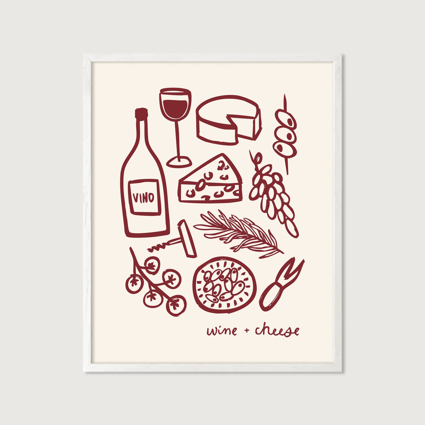 hand-drawn wine bottle glass cheese grapes olives dark red cream background wine and cheese art print