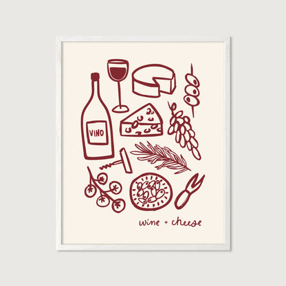 hand-drawn wine bottle glass cheese grapes olives dark red cream background wine and cheese art print