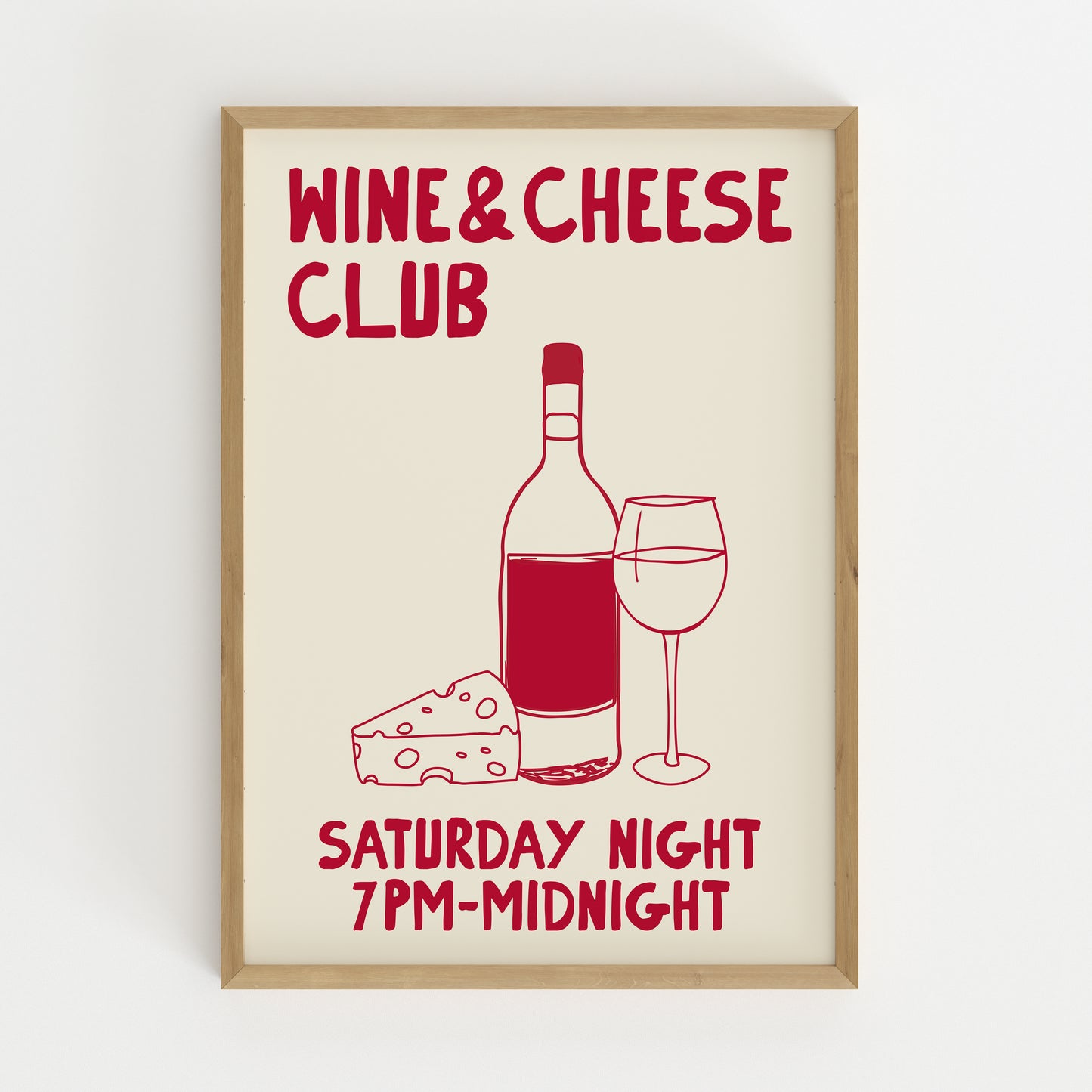hand-drawn wine bottle glass cheese dark red cream background wine and cheese club art print