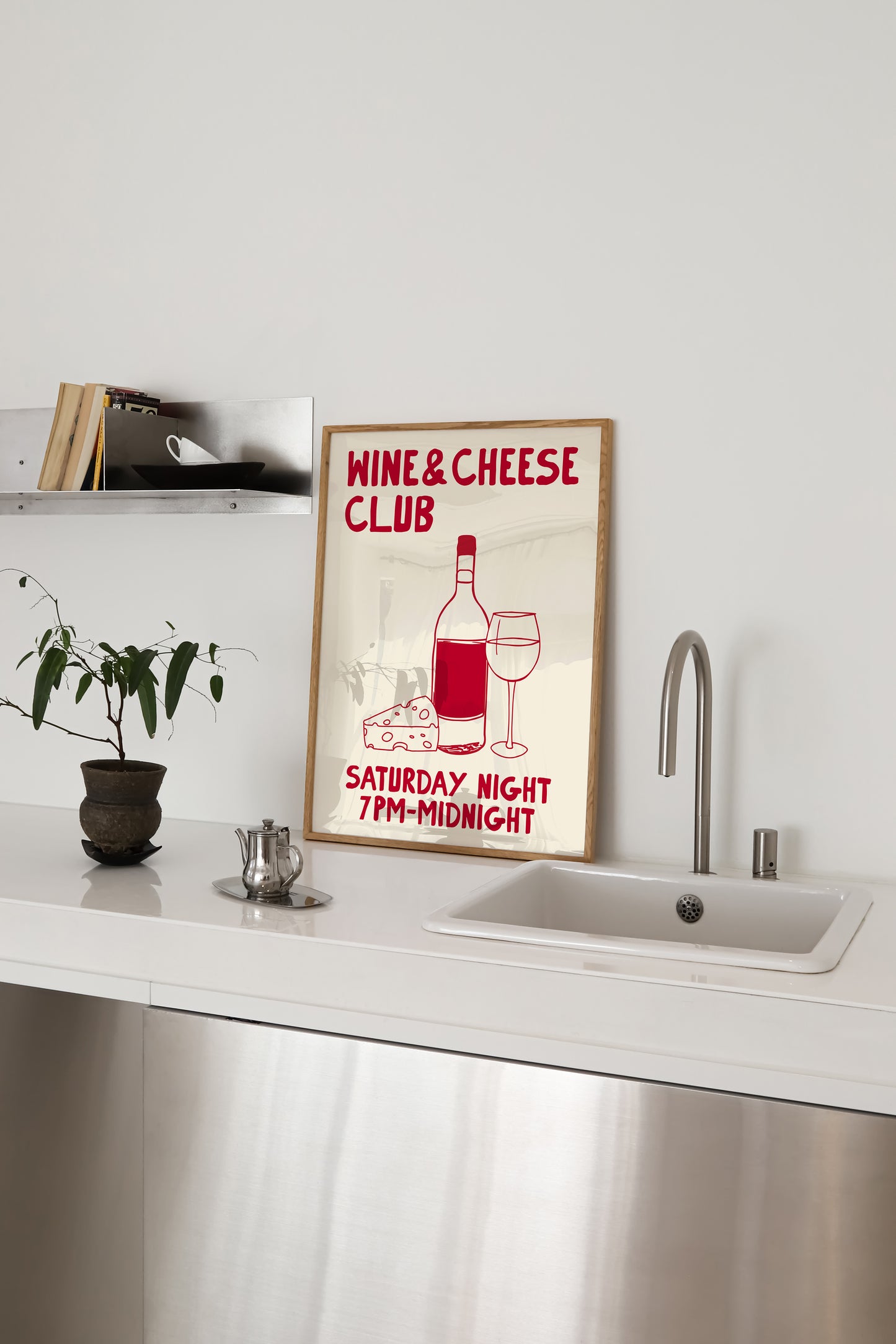 hand-drawn wine bottle glass cheese dark red cream background wine and cheese club art print
