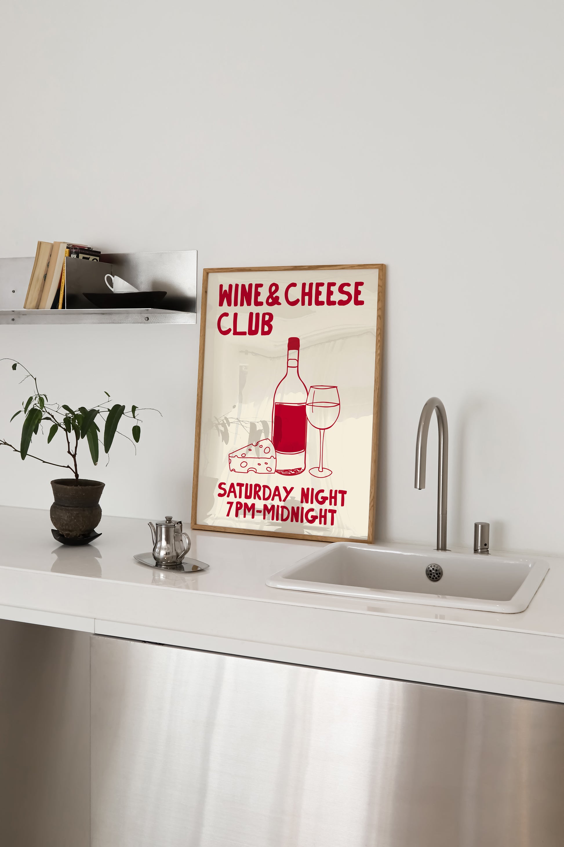hand-drawn wine bottle glass cheese dark red cream background wine and cheese club art print