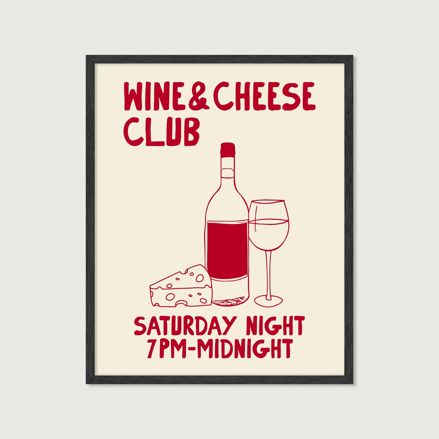 hand-drawn wine bottle glass cheese dark red cream background wine and cheese club art print