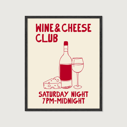 hand-drawn wine bottle glass cheese dark red cream background wine and cheese club art print