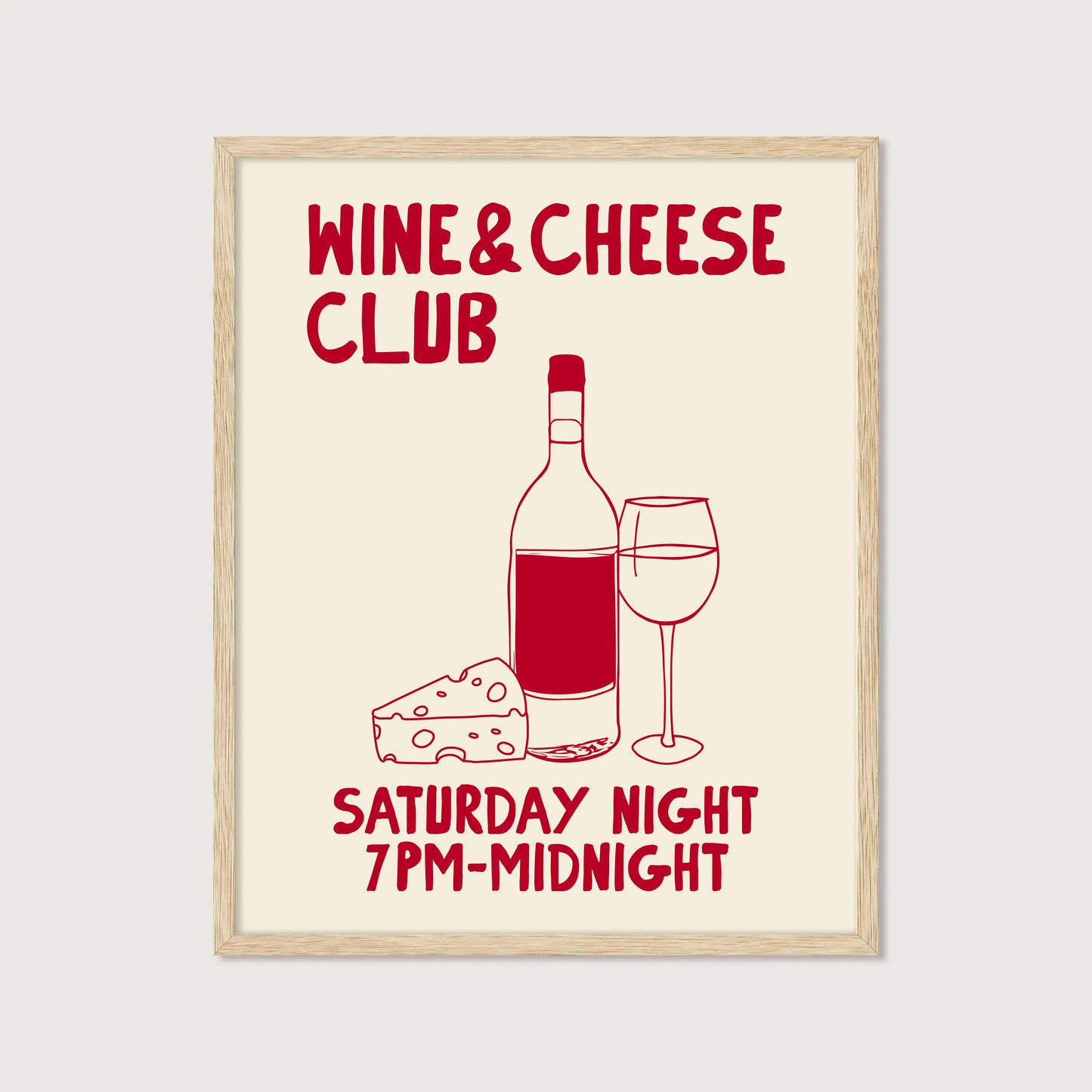 hand-drawn wine bottle glass cheese dark red cream background wine and cheese club art print