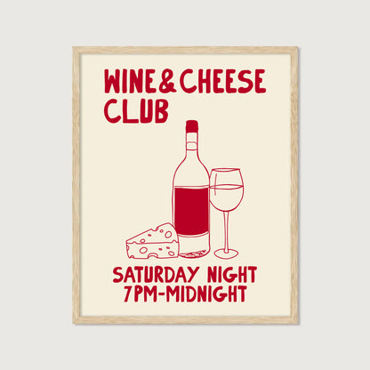 hand-drawn wine bottle glass cheese dark red cream background wine and cheese club art print