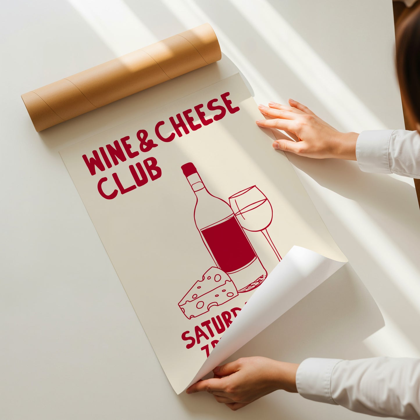 hand-drawn wine bottle glass cheese dark red cream background wine and cheese club art print