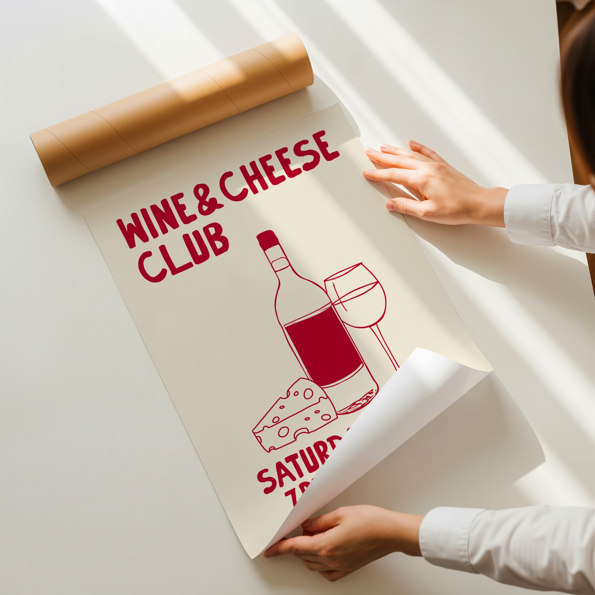 hand-drawn wine bottle glass cheese dark red cream background wine and cheese club art print