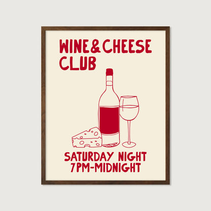hand-drawn wine bottle glass cheese dark red cream background wine and cheese club art print