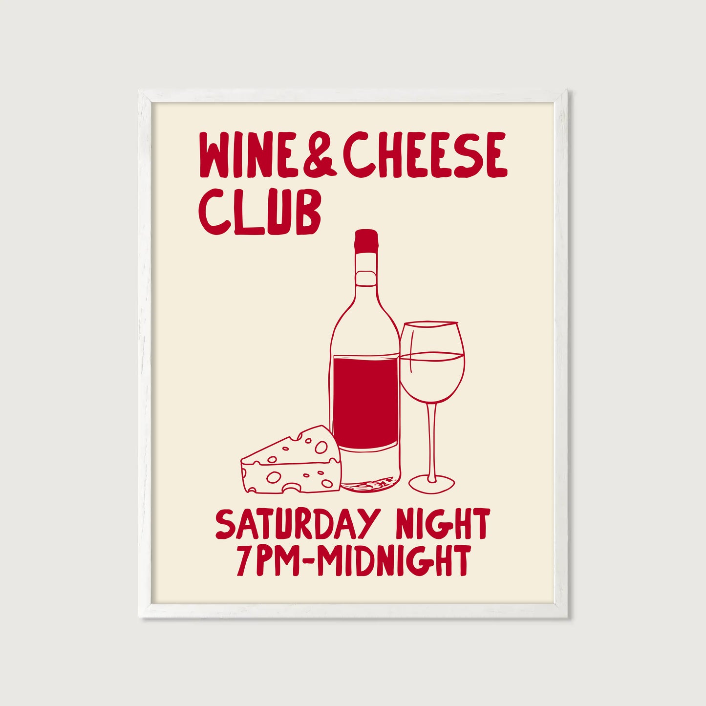 hand-drawn wine bottle glass cheese dark red cream background wine and cheese club art print