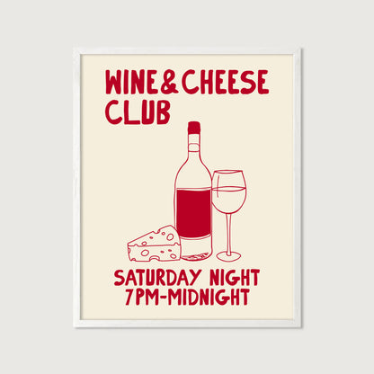 hand-drawn wine bottle glass cheese dark red cream background wine and cheese club art print